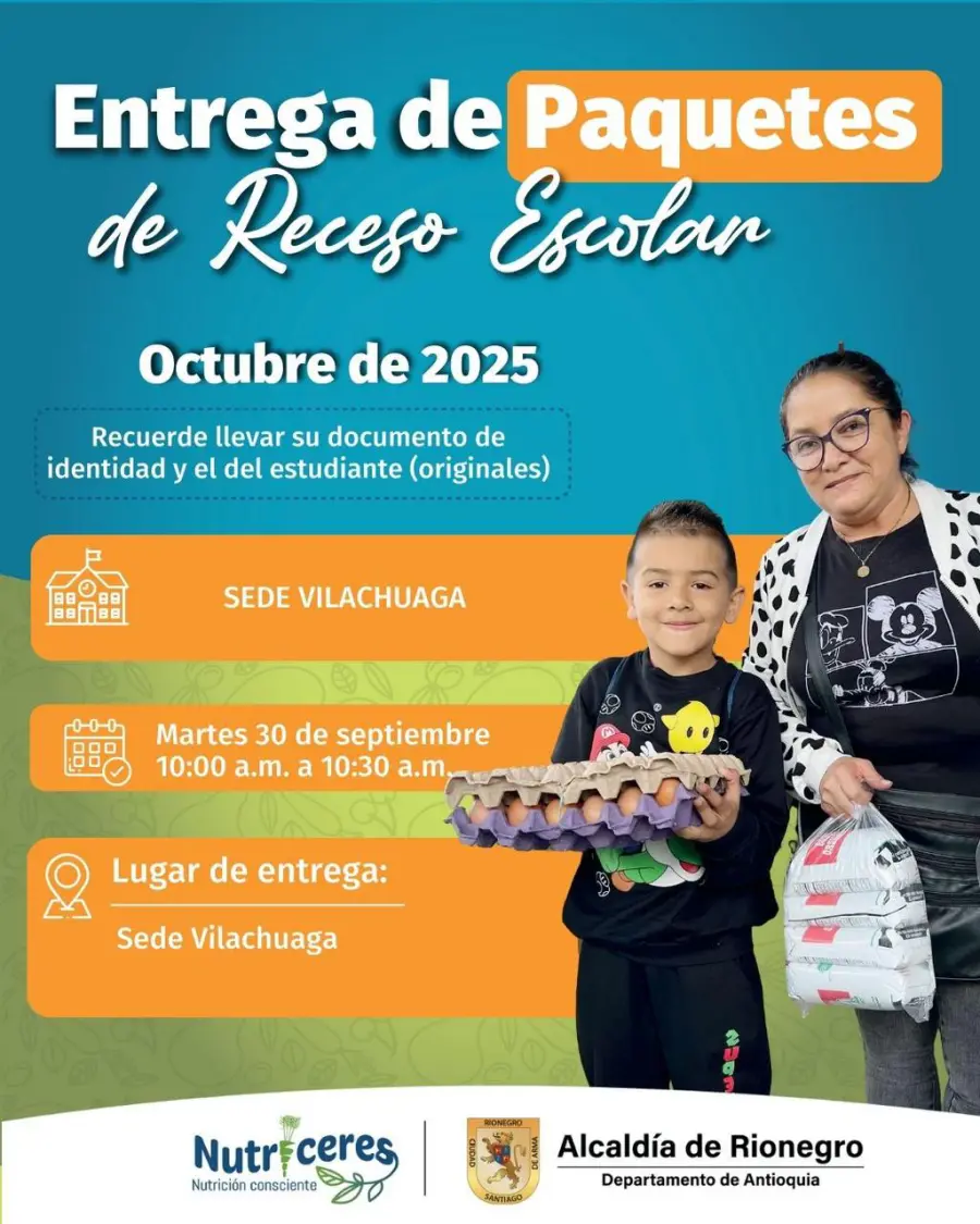 Entrega de paquetes de receso escolar sede Vilachuaga, martes 30 de septiembre de 10:00 a 10:30 de la mañana.