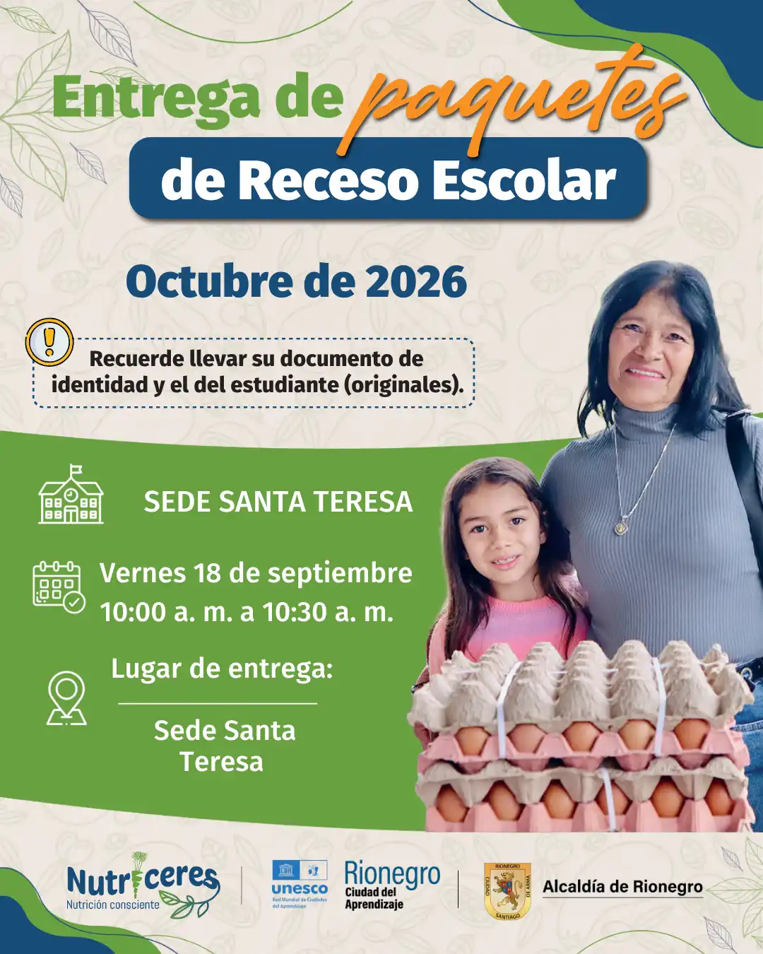 Entrega del Paquete Vacacional Nutricional a familias y estudiantes por parte del equipo de Nutriceres.