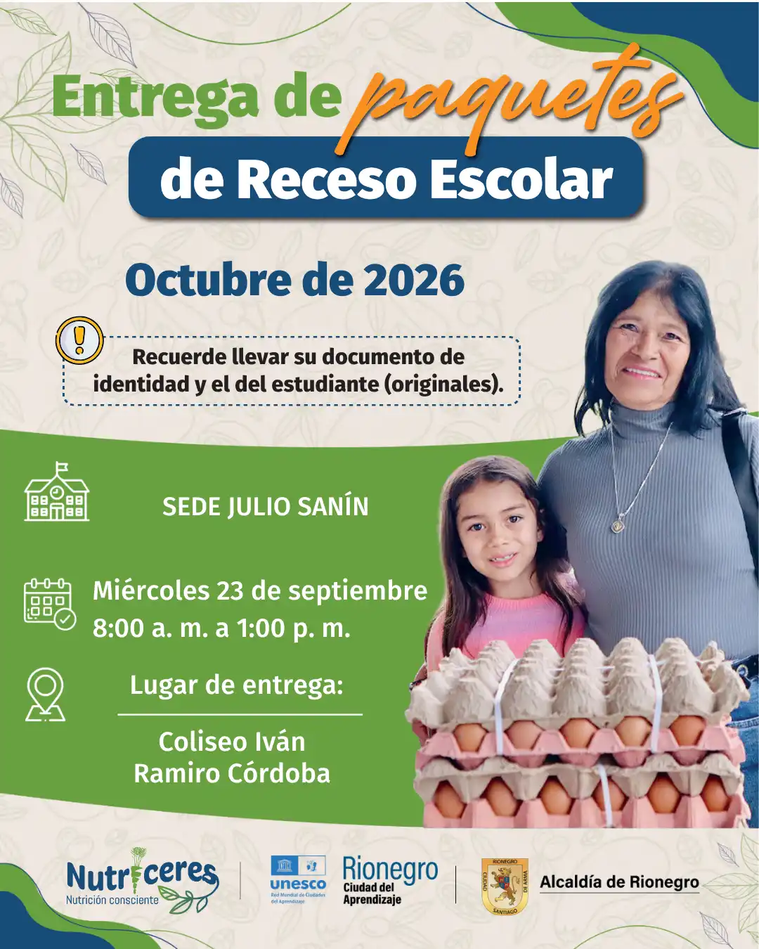 Entrega del Paquete Vacacional Nutricional a familias y estudiantes por parte del equipo de Nutriceres.