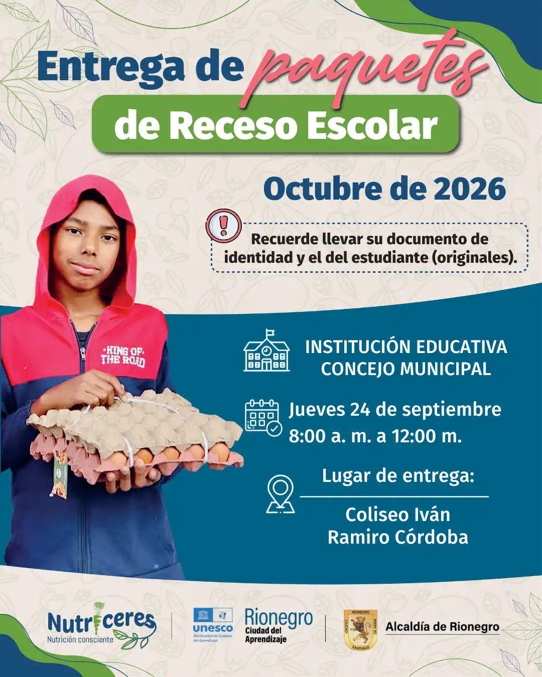 Entrega del Paquete Vacacional Nutricional a familias y estudiantes por parte del equipo de Nutriceres.