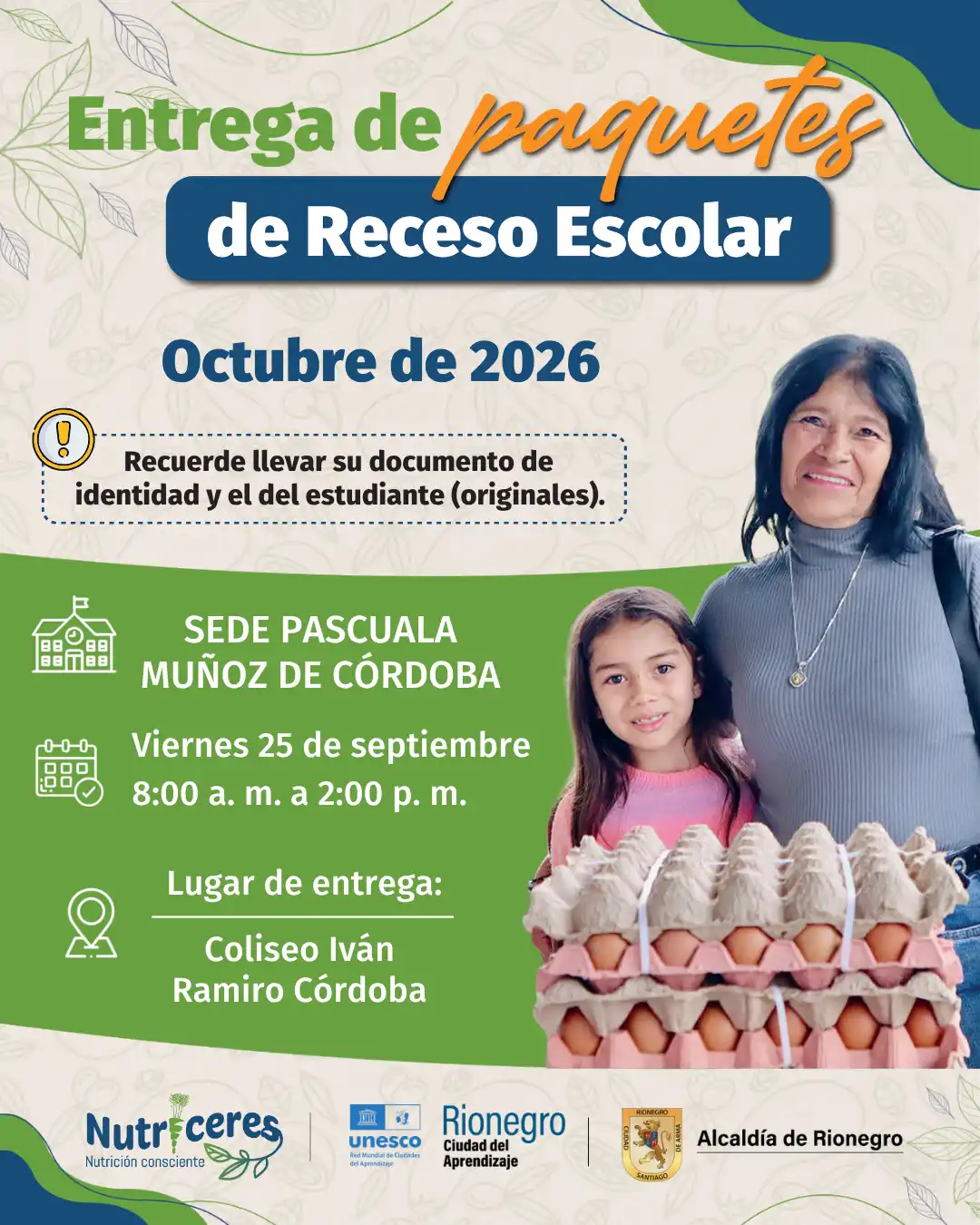 Entrega del Paquete Vacacional Nutricional a familias y estudiantes por parte del equipo de Nutriceres.